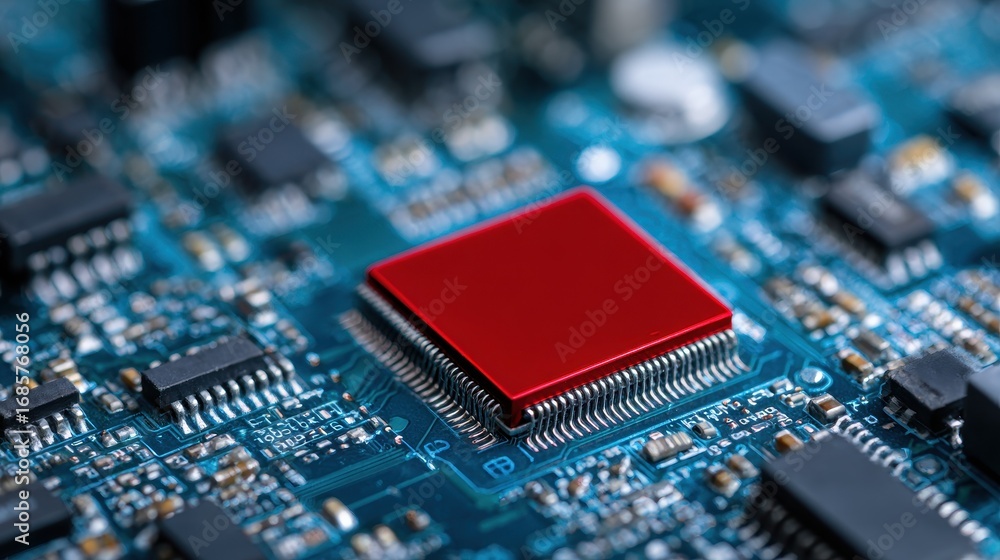 Poster high-resolution close-up of a red microchip on a complex circuit board showcasing advanced technolog
