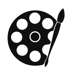 "Artist Palette and Paintbrush Icon – Black Silhouette Vector Illustration Featuring Eight Paint Wells and Diagonal Brush – Symbolizing Creativity, Artistic Expression, and Visual Design – Ideal for U