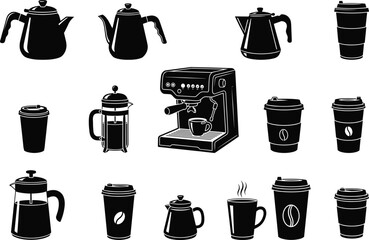 Coffee vector icon set with espresso machine, kettles, French press, mugs, and takeaway cups in solid black silhouette design for café branding.