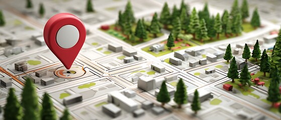 Urban map with GPS pin and trees buildings for improved local SEO visibility
