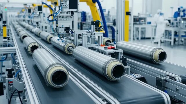 Carbon capture membrane module rolling area featuring automated conveyor belts moving cylindrical technology components in a modern production line.