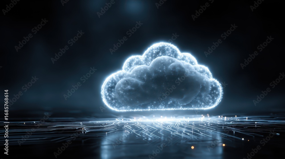 Poster cloud computing concept with glowing digital cloud against dark background showcasing technology and