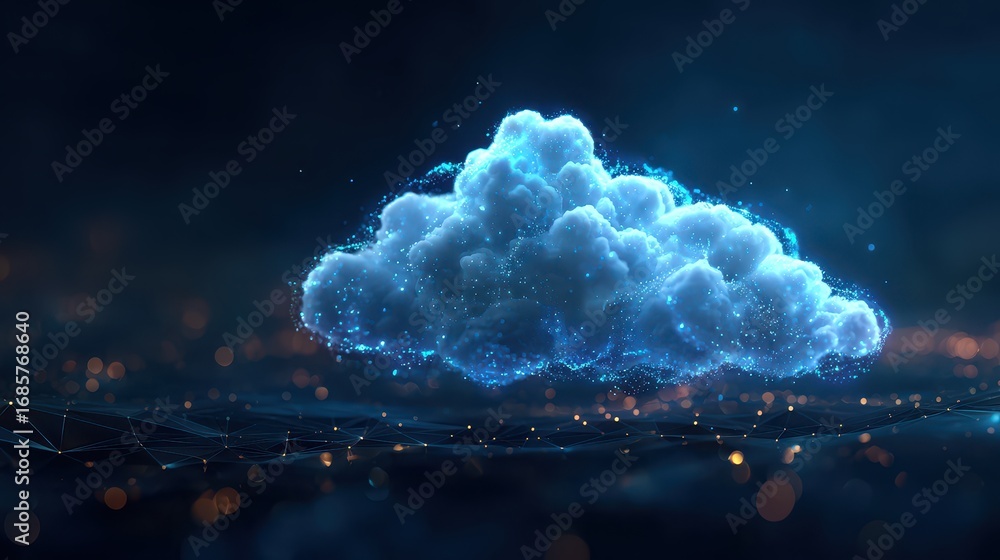 Poster digital cloud glowing in a dark environment showcasing abstract technology and futuristic concepts