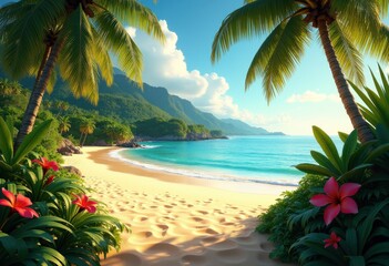 Fototapeta premium vibrant tropical foliage paradise beach oasis nature landscape serenity coastal escape, flora, vegetation, sky, sand, water, shoreline, waves, island, palms