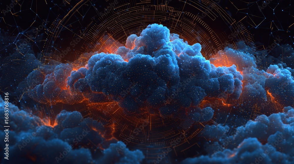 Poster striking digital representation of a glowing cloud formation with vibrant colors and intricate patte
