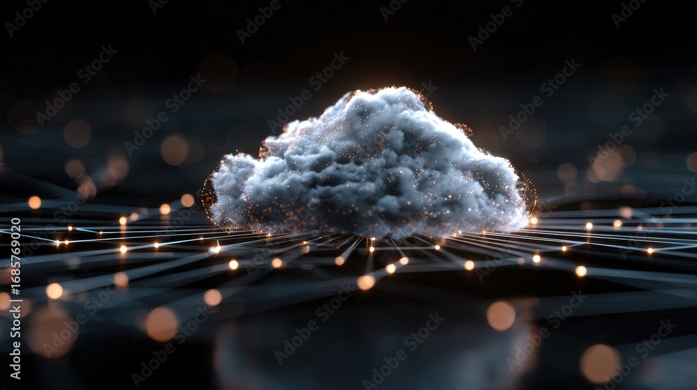 Poster cloud with glowing lines and particles on a dark background depicting digital technology and connect