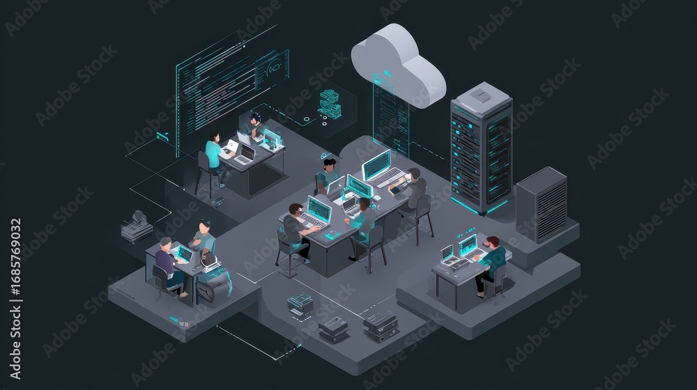 Poster team members collaborating in a modern data center during a technology project at night