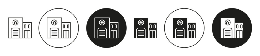 Fire station building icon set. Fire station building vector symbol in black filled and outlined style.