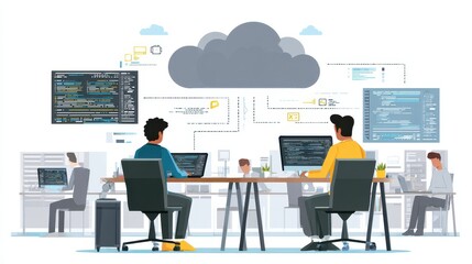 Two programmers working collaboratively in a modern office environment focused on cloud computing technology