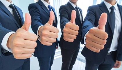 Successful business team showing thumbs up gesture, demonstrating approval, agreement, and positive collaboration in a modern office environment focused on achievement and partnership goals