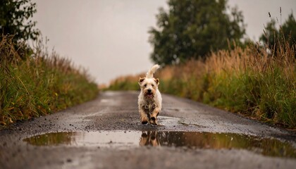 A small dog running on a country lane