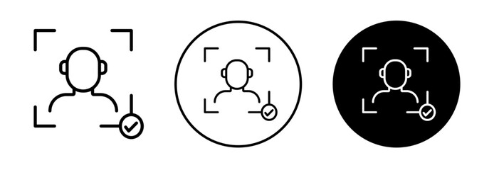 Face ID scanner with check mark icon set. Face ID scanner vector symbol in black filled and outlined style.