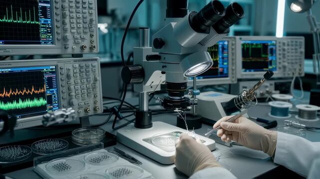 Braincomputer interface lab setup with oscilloscopes and microscopes monitoring microelectrode bonding quality during fabrication.