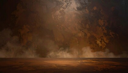 Dark and moody studio background with a rustic textured wall and floor, featuring atmospheric smoke and a soft spotlight for product placement