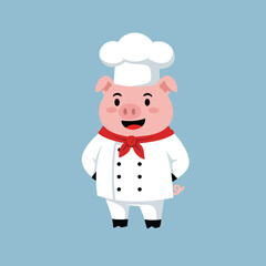 Obraz premium Cute pig chef character wearing white uniform and red neckerchief on blue background vector illustration 