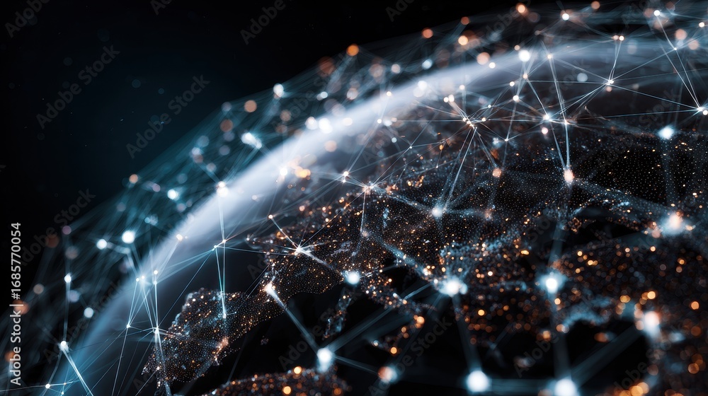 Poster visual representation of global connectivity showcasing a network of interconnected nodes and illumi