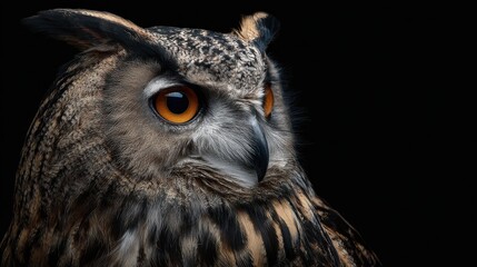 Fototapeta premium Majestic owl perched in dark surroundings with striking orange eyes and intricate feather patterns