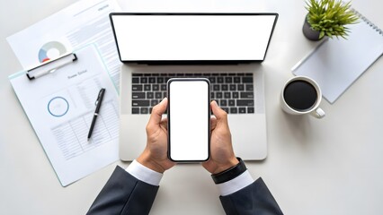 Person holding smartphone over laptop with business documents and coffee on desk