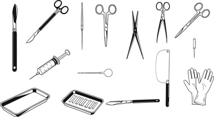 Medical and surgical tools vector icons in outline and shaded style including scissors, scalpel, syringe, trays, gloves, needle, and bone saw.