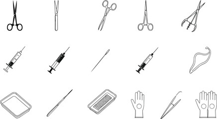 Outlined medical and surgical tools vector icons including scissors, syringes, gloves, scalpels, trays, forceps, needles, and retractors for clinical and hospital use.