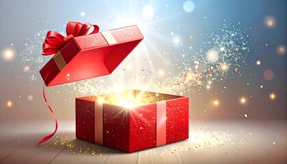 Open red gift box with a bright light emitting, adorned with a red bow, and glitter