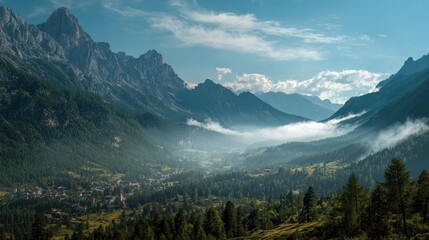 Breathtaking mountain landscape in the Dolomites showcasing a misty valley in early morning light