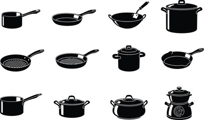 Set of black kitchen cookware icons including pots, pans, skillets, and woks with handles and lids, isolated vector illustration for cooking.