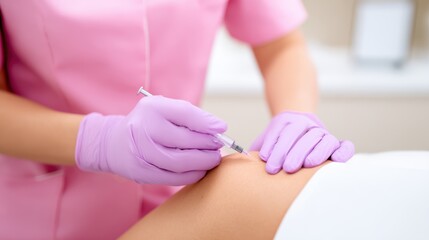 Fototapeta premium Nurse administering an injection to a patient's thigh in a clinical setting with medical equipment nearby