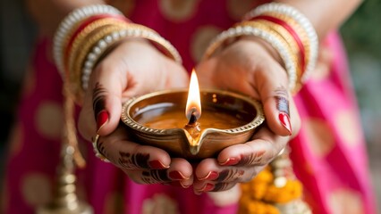 Woman holding traditional diya lamp during festive celebration