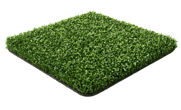 Close-up view of a square piece of artificial turf.  The vibrant green synthetic grass is dense and textured, appearing realistic.  Dark backing visible along the bottom edge