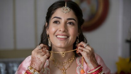 Happy woman wearing jewelry and smiling during celebration