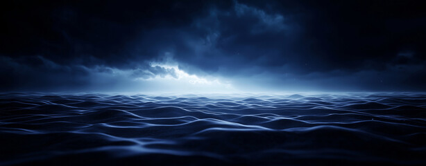 Serene ocean scene with dark, moody clouds above and gentle waves reflecting soft light. atmosphere evokes sense of calm and introspection