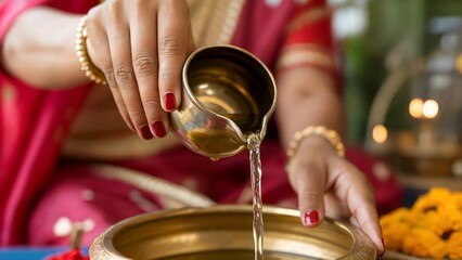 Woman pouring holy water during traditional hindu pooja ritual