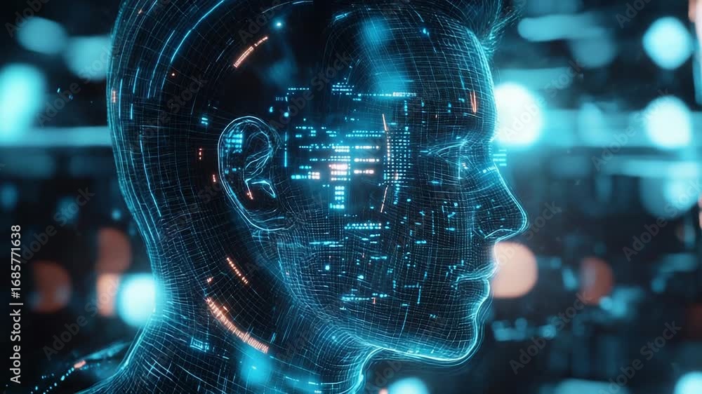 Poster artificial intelligence processing data in a futuristic wireframe head