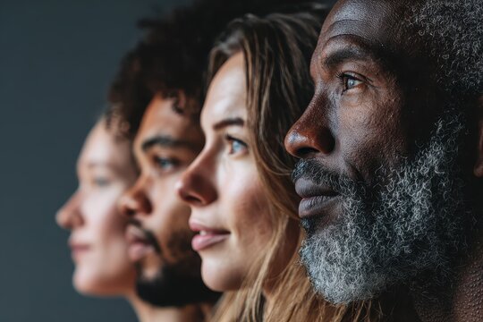 Diverse group of people in side profile showcasing unique features and expressions in a thoughtful moment of togetherness and understanding