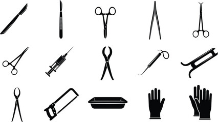 Surgical and medical instruments icons including scalpels, scissors, syringe, forceps, saw, gloves, and various specialized tools in black silhouette style.