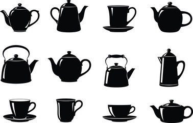 Tea and Coffee Silhouette Icons Collection with Cups, Kettles, and Teapots – Elegant Black Vector Set for Cafes, Menus, and Designs