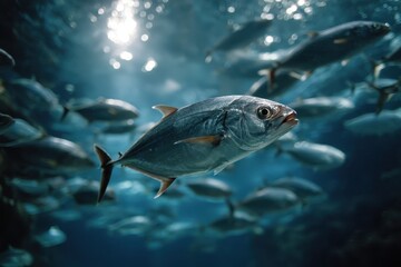 Large school of scad swimmers navigating through a vibrant underwater ecosystem filled with sunlight and marine life