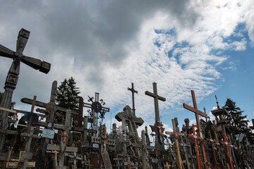 View of holy hill of crosses, place of pilgrimage and worship of Christians around world
