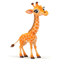 Fototapeta premium A delightful 3d cartoon giraffe stands gracefully, isolated on white background its charming features and gentle expression evoke a sense of warmth and innocence
