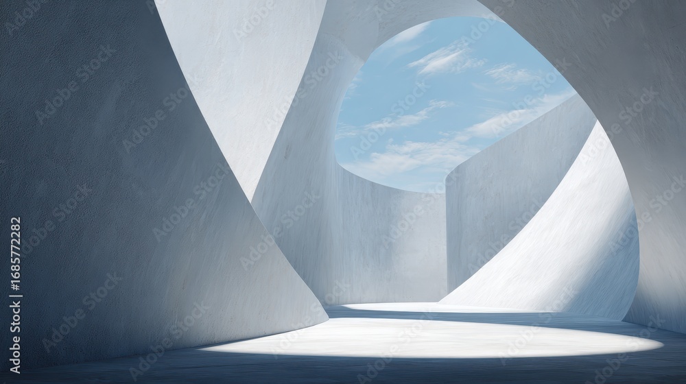 Poster light and shadow play in modern architectural space showcasing curved walls and open sky