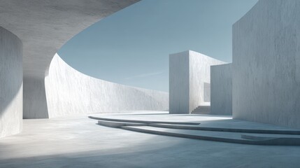 Modern architectural design showcases curved and angular structures under a clear sky