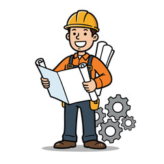 Fototapeta premium Construction worker in hard hat holding blueprints with gears background vector illustration in flat style 