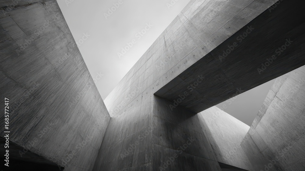 Poster unique architectural design featuring intersecting concrete structures under a cloudy sky