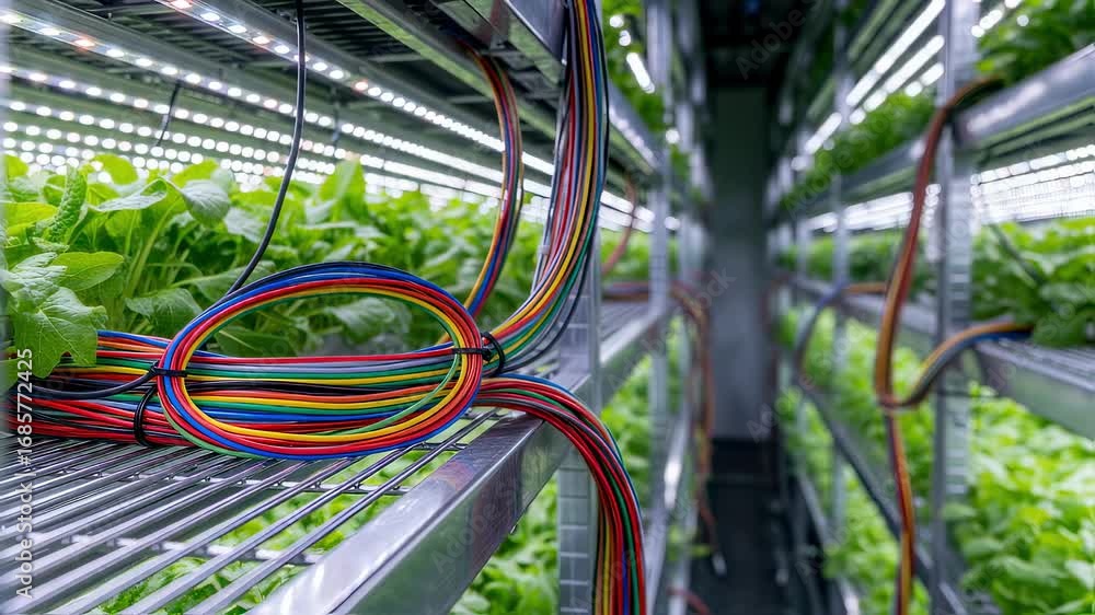 Poster focus on colorcoded led wiring in vertical farm racks emphasizing organized electrical design for di