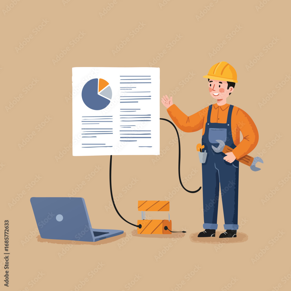 Poster technician presenting data analysis with laptop and measuring device in industrial setting vector il