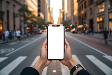 Person holding a smartphone with a blank screen in a city street