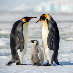 A heartwarming scene of an emperor penguin family standing together on the icy plains of antarctica, showcasing the beauty of wildlife in the frozen wilderness