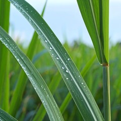 Obraz premium Close-up of sugarcane leaves with dew drops