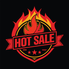 "Hot Sale Promotional Icon – Black and Red Vector Emblem Featuring Fiery Flames, Bold Banner Text, and Star Accents – Representing Discounts, Urgency, and Seasonal Offers – Ideal for E-Commerce, Marke